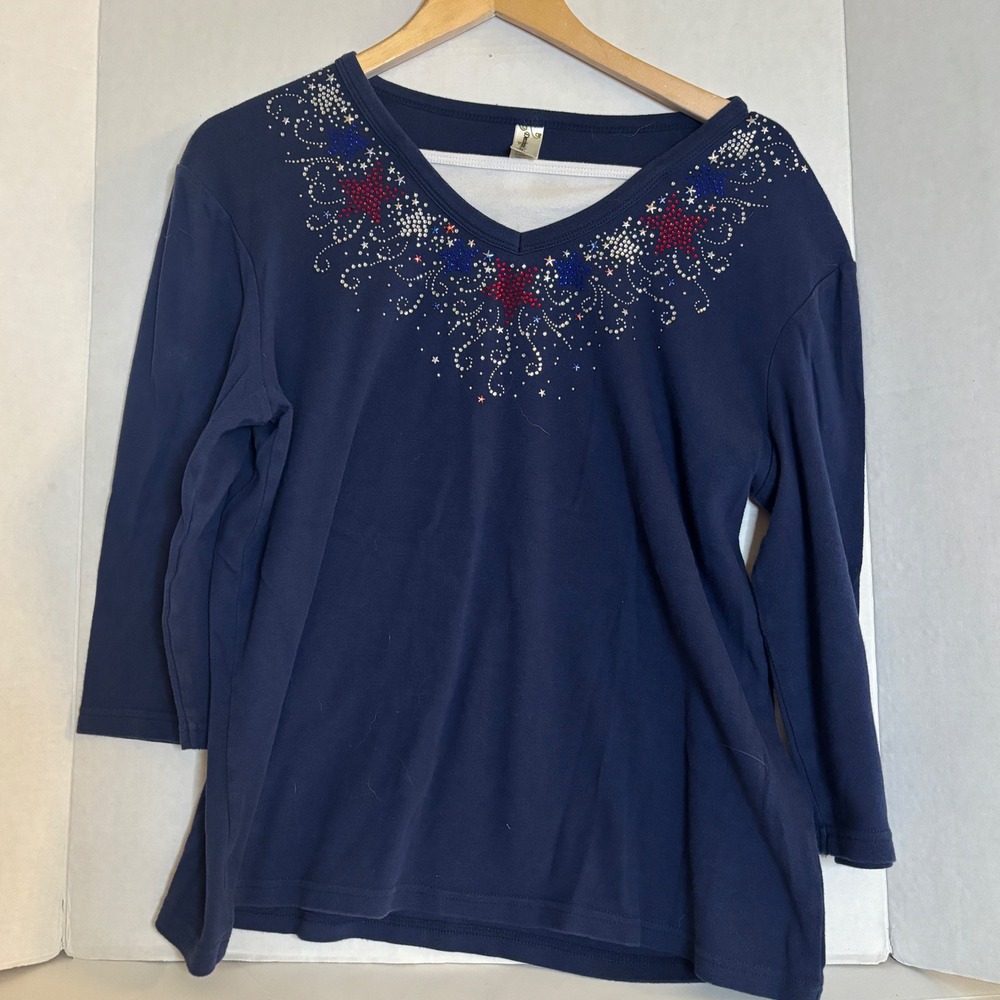 Navy Blue Patriotic Star Rhinestone V-Neck 3/4 Sleeve Top L grannycore grandma